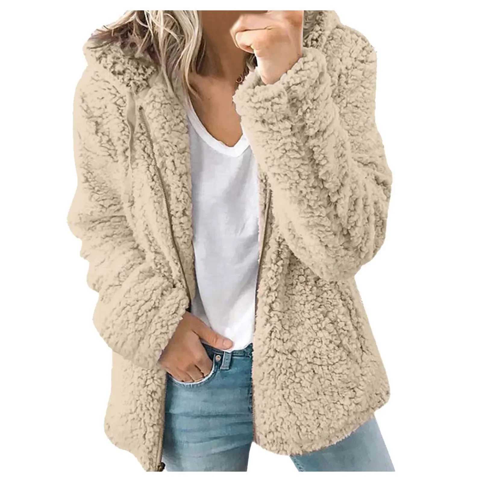 Women Fleece Hooded Sweater Solid Lamb Cashmere Cardigan Jacket Coat Ladies Casual Plush Autumn Winter Long Sleeve Cotton TopsX241018