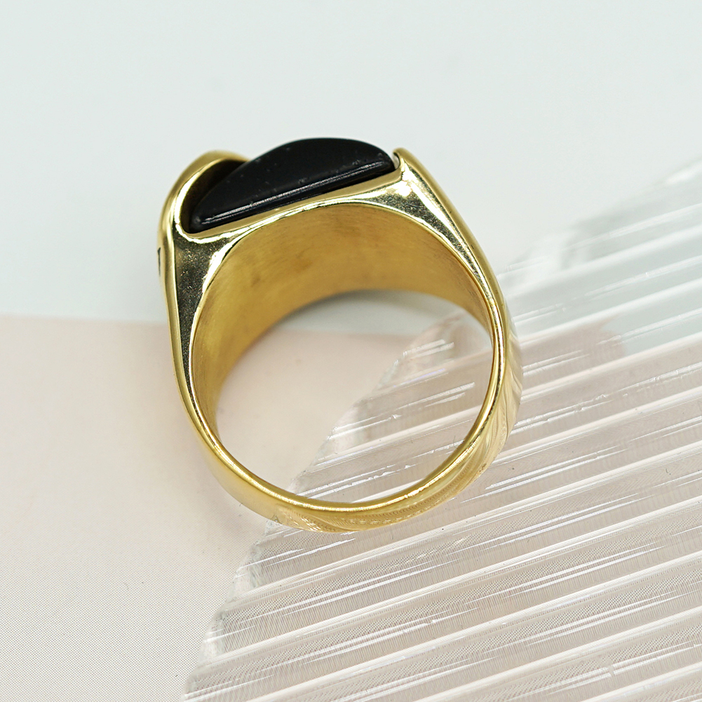 Hip Hop Hawk Head Black Agate Casting Ring Stainless Steel 18k Gold Plated Mens Jewelry