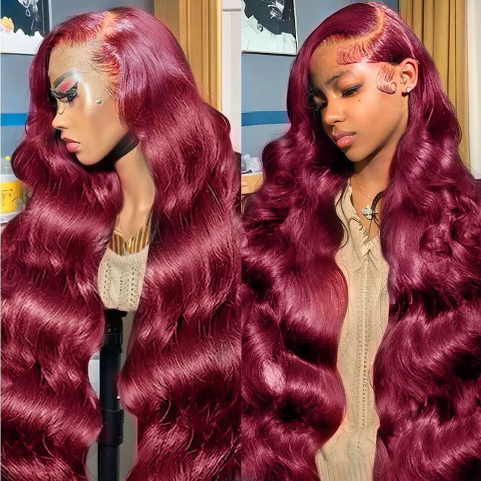 30 32 Inch 99J Bury 13x6 Frontal Wigs Red Colored Body Wave 13x4 HD Transparent Lace Front Human Hair Wig For Women