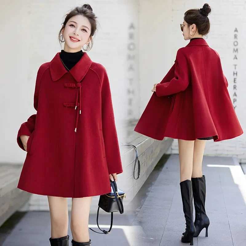2024 Winter New Coat Retro Age-Reducing Loose Coat Medium Long Fashion Age-Reducing Slimming Women Jacket Red woolen cape jacketX241009