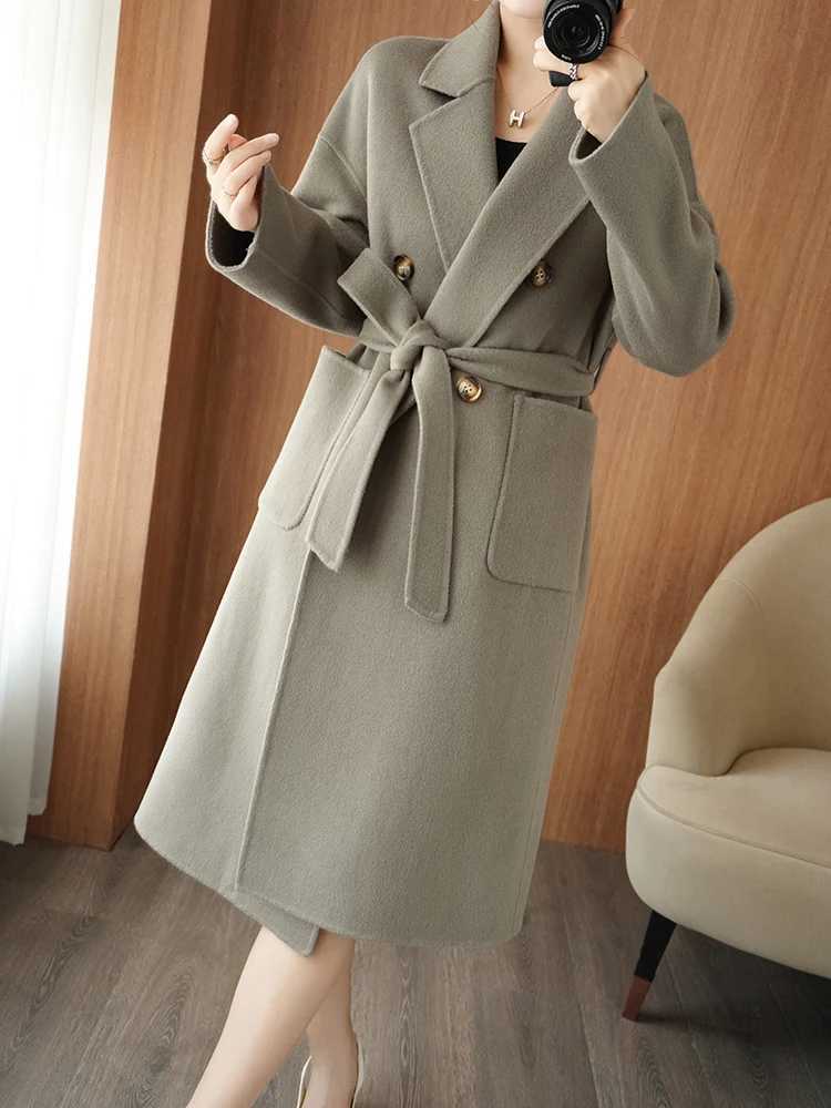 Autumn and Winter New Womens Coat Double-Sided Woolen 100% Pure Wool Waist-Tight Hand-Stitched Fashionable Elegant Womens CoatX241009