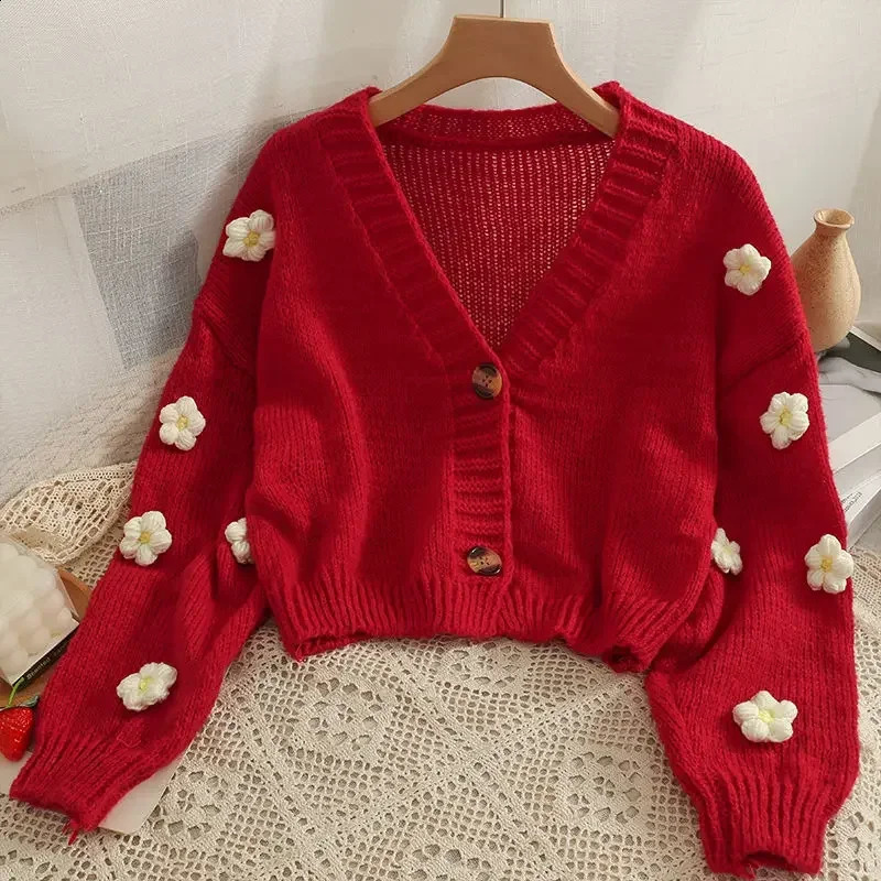 Cropped Cardigan 3D Flower Vneck Kawaii Retro n Allmatch Mujer Sweater Tender Girlish Aesthetic Fall Arrival Ulzzang 241010