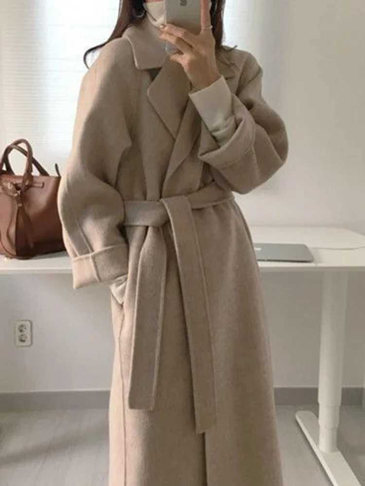 Korean Style Winter Long Wool Jacket for Women 2023 Solid Color Coat Batwing Warm Loose Woolen Overcoat Mujer Wear Belt JacketX241009