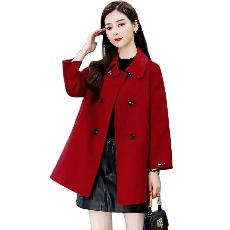 Fashion Double Breasted Red Woolen Jacket Womens Coat Tops New 2024 Spring Autumn Korean Woolen Blend Windbreaker OuterwearX241009