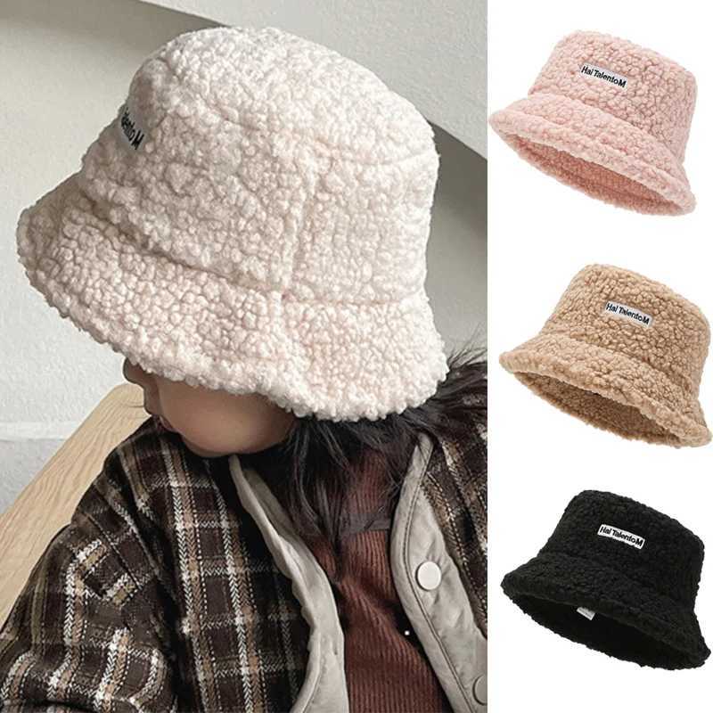 Kid Winter Warm Bucket Hat Solid Color Letter Lamb Wool Girls Boys Basin Cap Outdoor Children Casual Flat Top Fisherman Hat LX241018