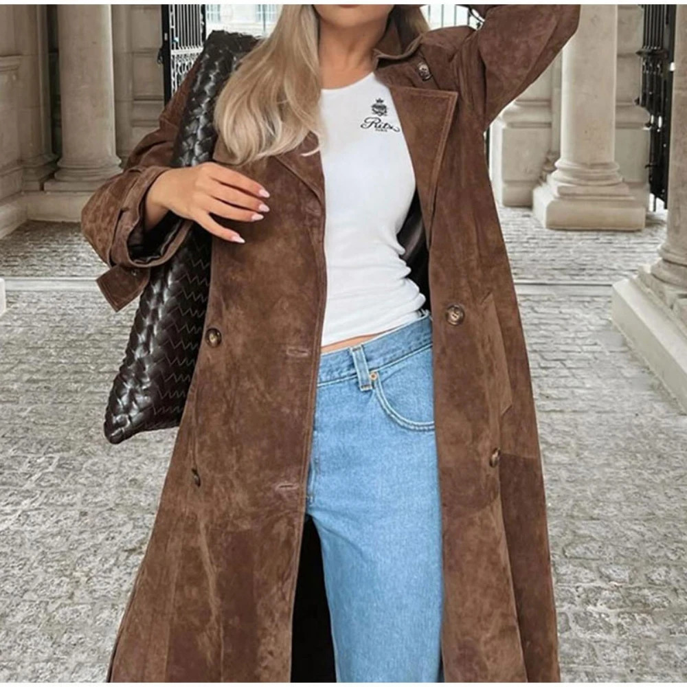 Elegant Suede Leather Belt Long Windbreaker Coat Fashion Double Button Lapel Oversize Jacket Autumn High Quality Streetwear 241018