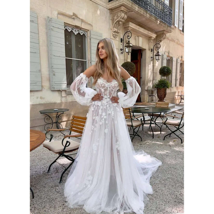 E Boho Dresses A Appliques Puffy Sleeve Tulle Designer Bridal Gowns Sweep Train Wedding Dress ppliques