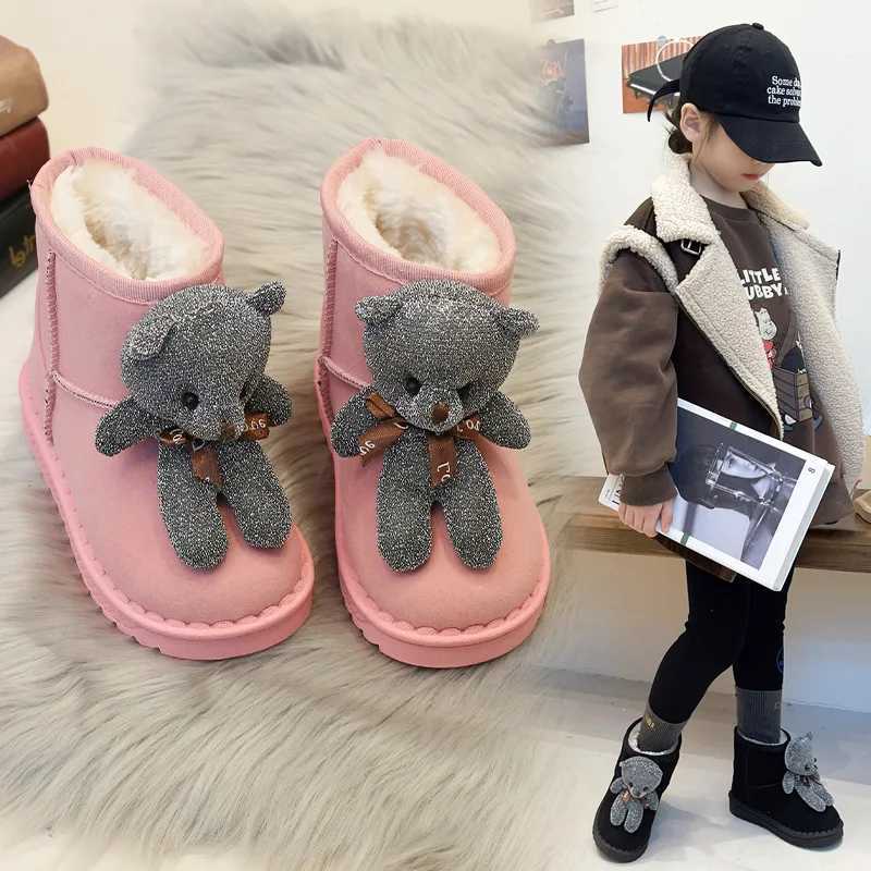 Boots Childrens Thick Plush Snow Boots Winter 2024 New Girl Cute Cartoon Bear Cotton Shoes Princess Warm Flat Ankle Boots H241018