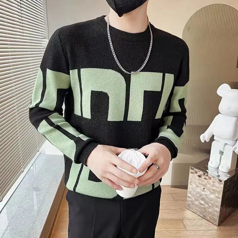 Fashion ONeck Spliced Casual Letter Sweaters Mens Clothing Autumn Winter Loose Knitted Korean Pullovers Allmatch Tops 241018