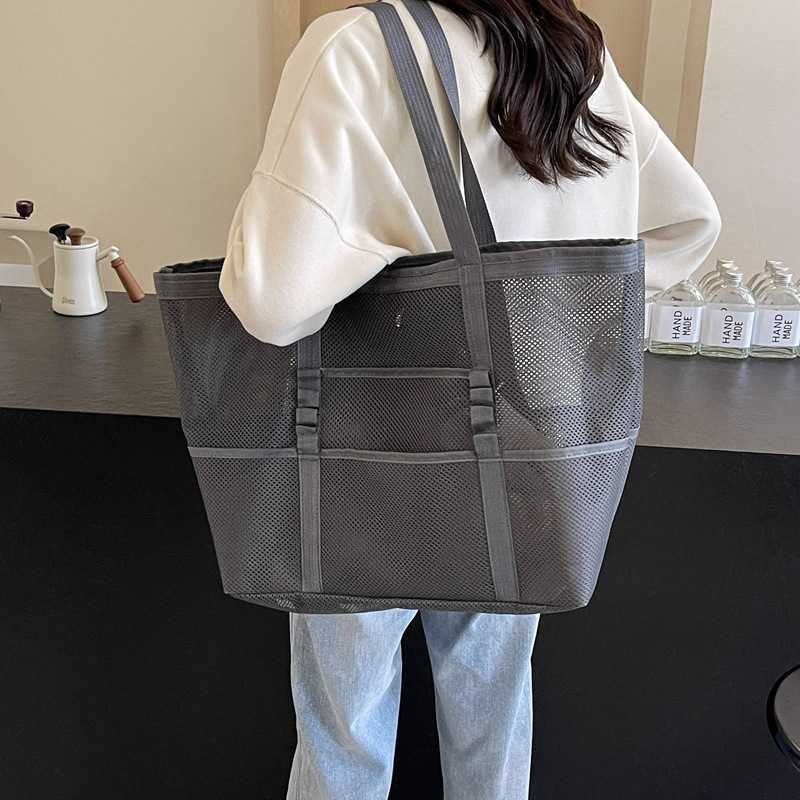 Fashionable mesh beach bag, large capacity beach tote bag, beach bag, fashionable girl's trendy casual bag, trendy 241015