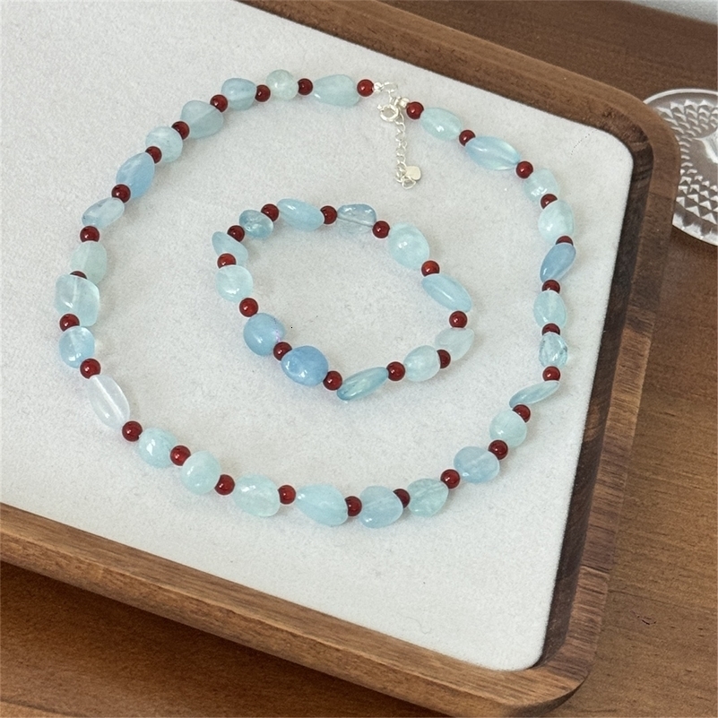 Natural aquamarine gemstone red agate irregular bead necklace for women Bohemian handmade bluestone bracelet jewelry set 241017