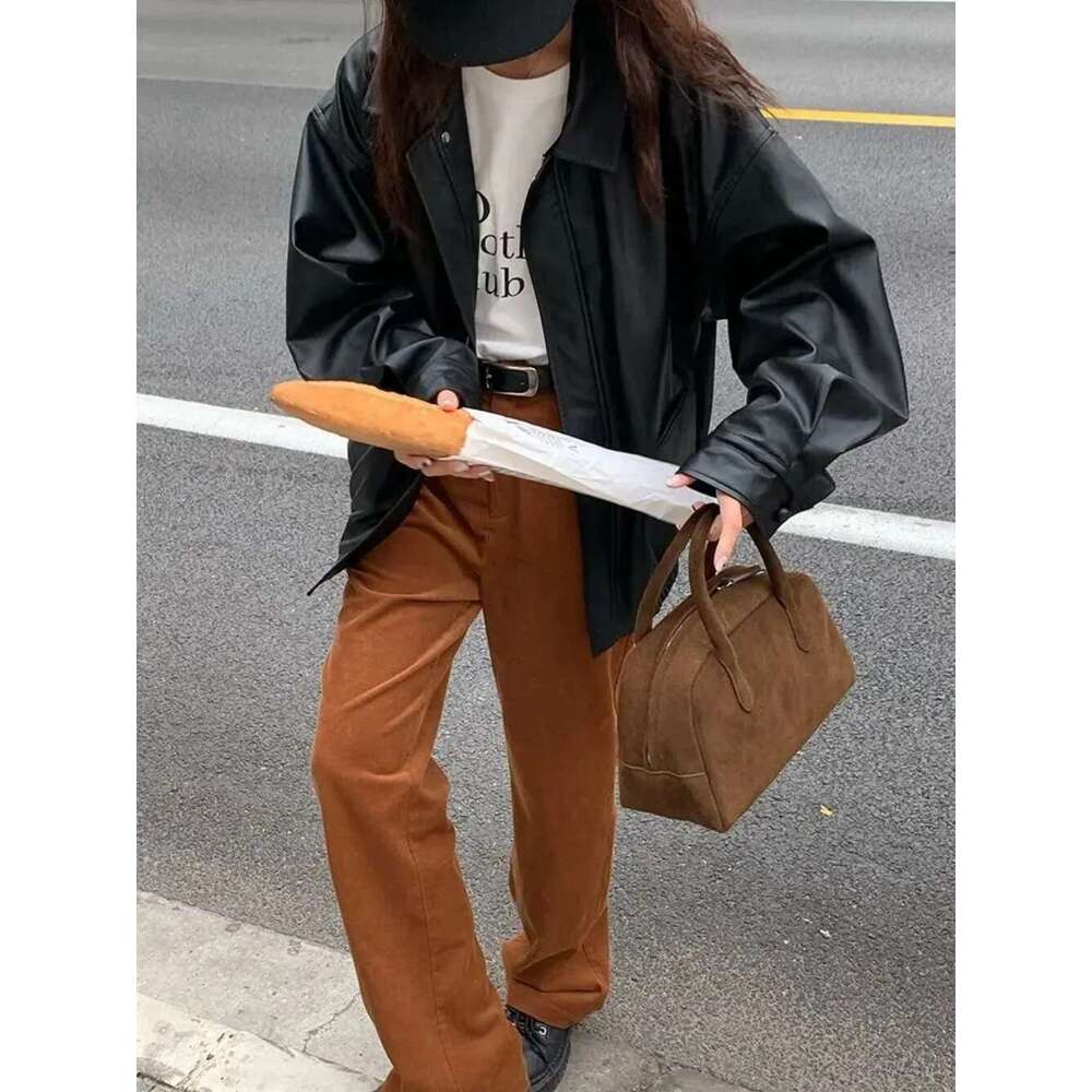 Motorcycle Vintage PU Leather Jacket Women High Street Oversize Moto Biker Coats Punk Loose Casual Cropped Outerwear
