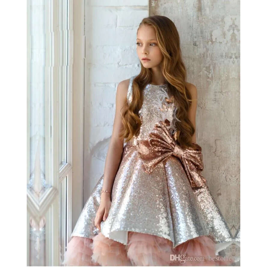 New Princess Sequins 2020 Blush Pink Pageant Gowns Tiered Ruffles Tulle Ruched Wer Girls Puffy Prom Dresses