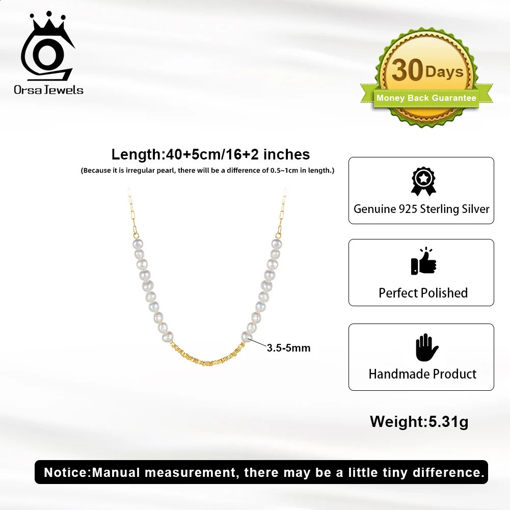 ORSA JEWELS Pearl Necklace 925 Pure Silver Chain 3.5-5mm Natural Freshwater Pearl Female Gold GPN68 241018
