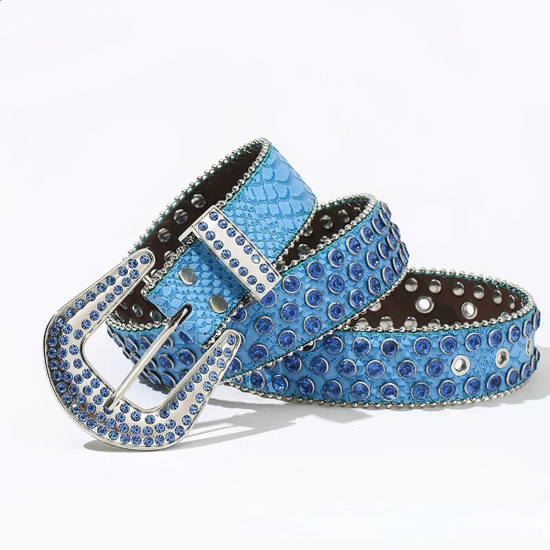 rhinestone personalized womens belt fashion punk style blue pin buckle clothing accessories drilling er BB belt 241018