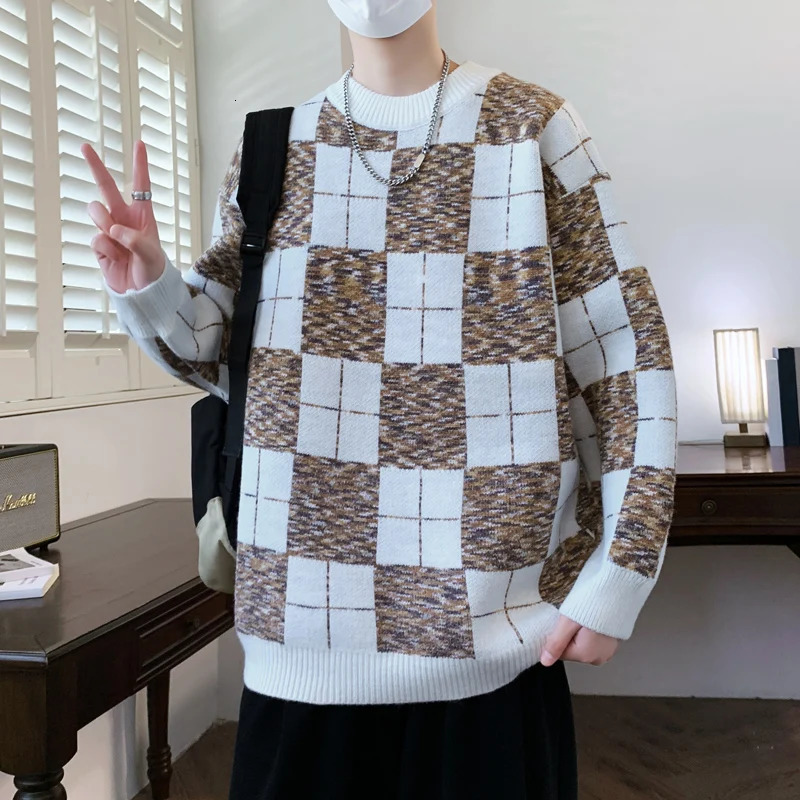 Fall Winter High End y Plaid Sweater Men Korean Fashion Harajuku Mens Jumper Soft Warm Male Knit Handsome Sweaters 241018