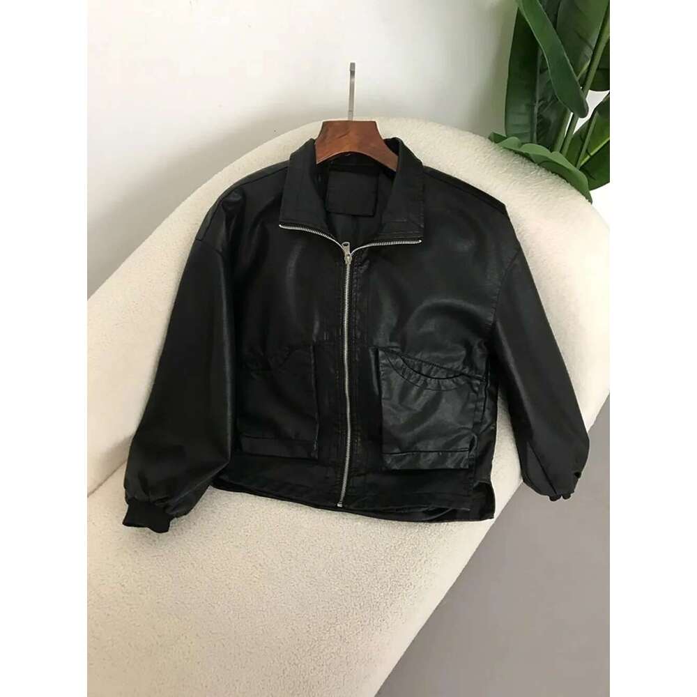 Spring Summer New Hong Kong PU Leather Jacket For Women High-End Design American Retro Motorcycle Popular Style Casual