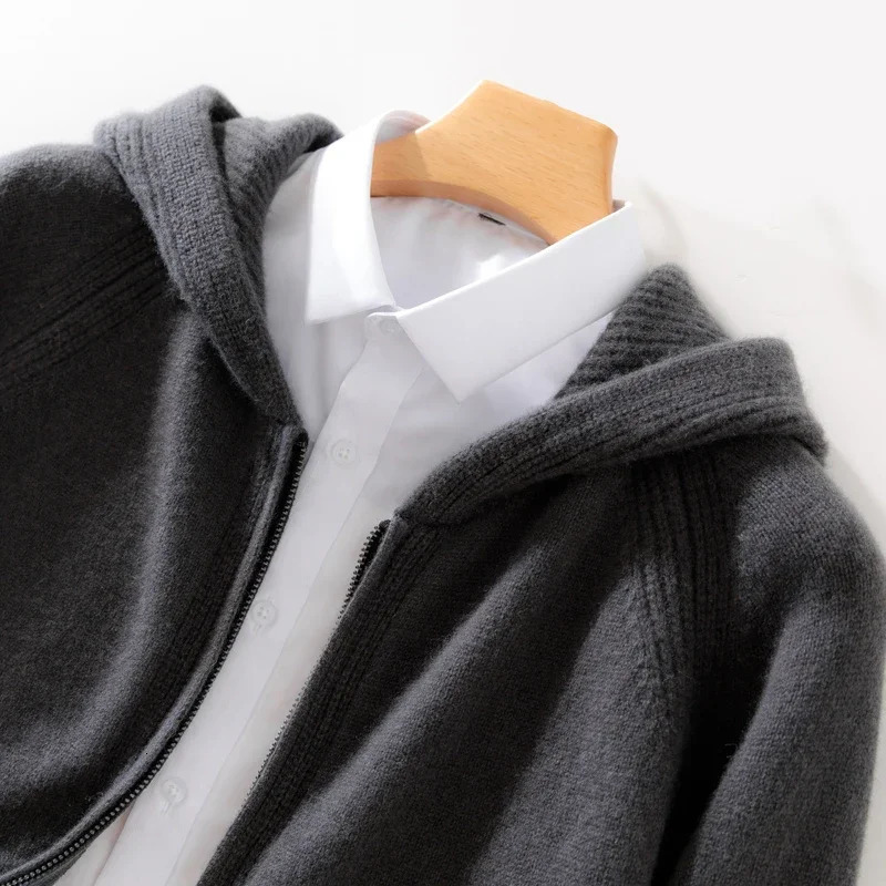 Spring 100% Merino Wool Sweater Mens Hooded Zipper Cardigan Business Casual Knitted Solid Color Jacket Long sleeved Top 241018