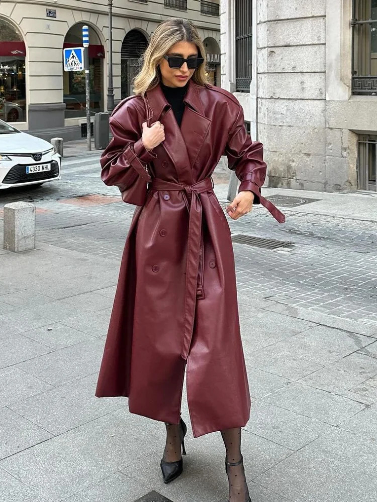 2024 Chic Burgundy Lace Up Oversized Leather Long Coats Womens Elegant Double Breasted Solid Jackets Lady Chic Outerwear 241017
