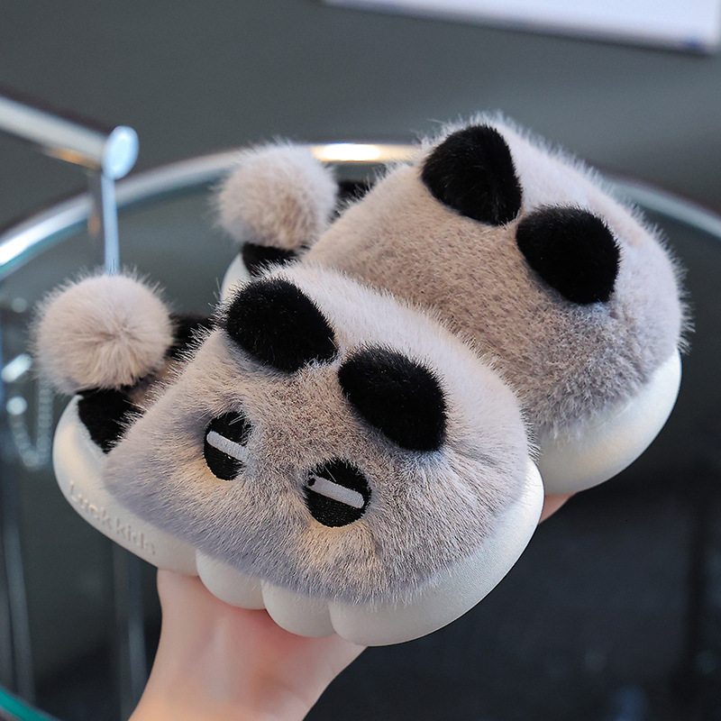 Panda children's cotton slippers for girls, indoor anti slip and warm with plush fur, boys' baby autumn and winter cotton slippers