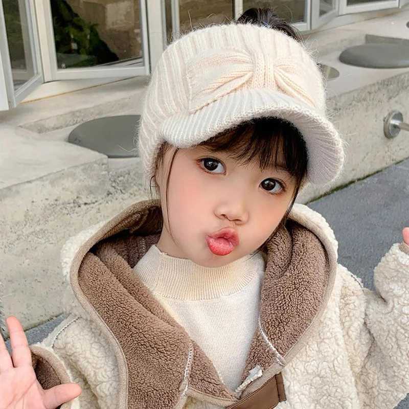 Empty Top Ear Protection Woolen Hat Baby Girl Bow Knitted Duckbill Hats 3-10year Kids Winter Warm Earmuffs Cap Children Beanies LX241018