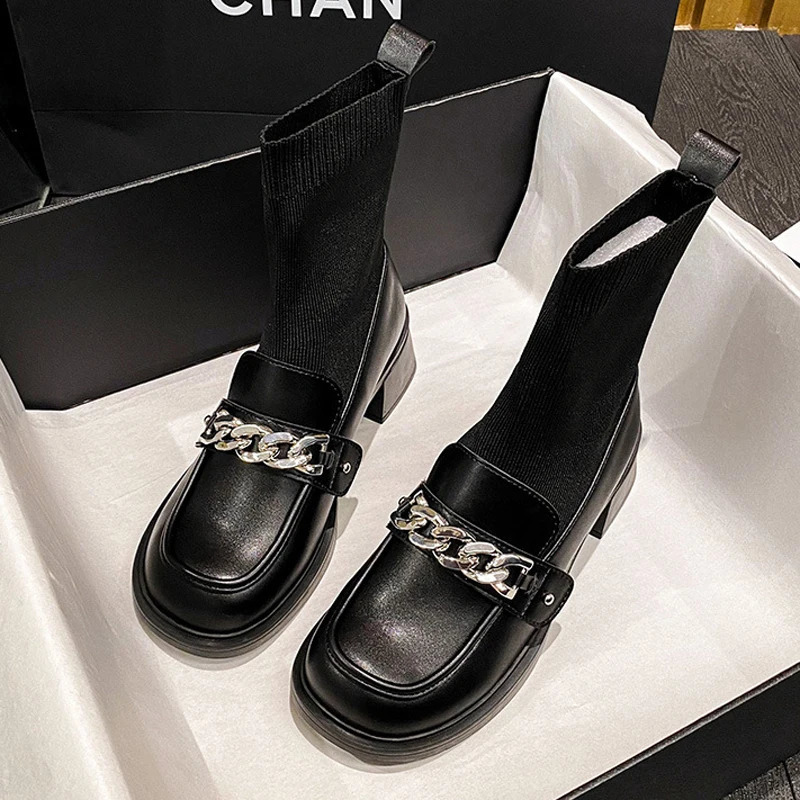 Women Chunky High Heels Boots Winter ShinyMatte Leather Sock Botas Mujer Stretch Slip On Femme Chain Chelsea Ankle Botines 241010