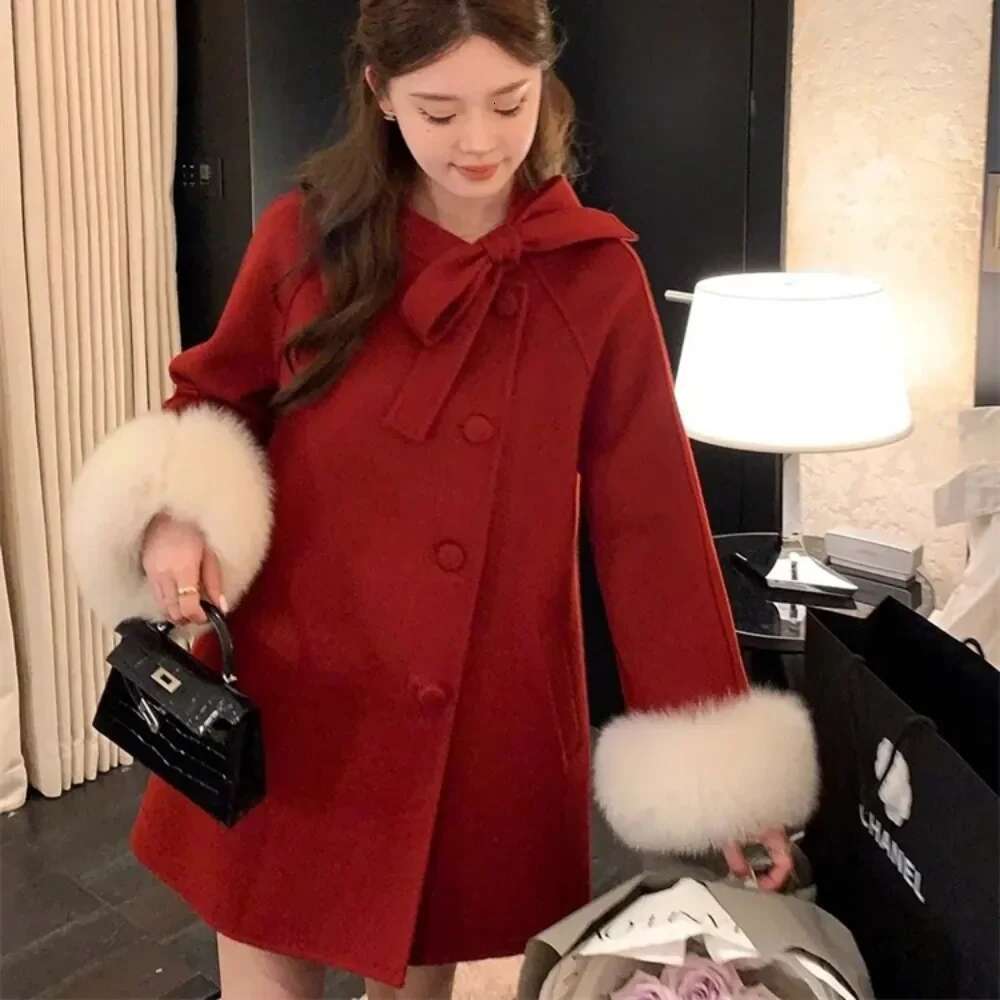 Coat Women Autumn And Winter 2024 New Double Sided Woolen Real Fox Fur Loose Bow Clip Wool Outerwear Female
