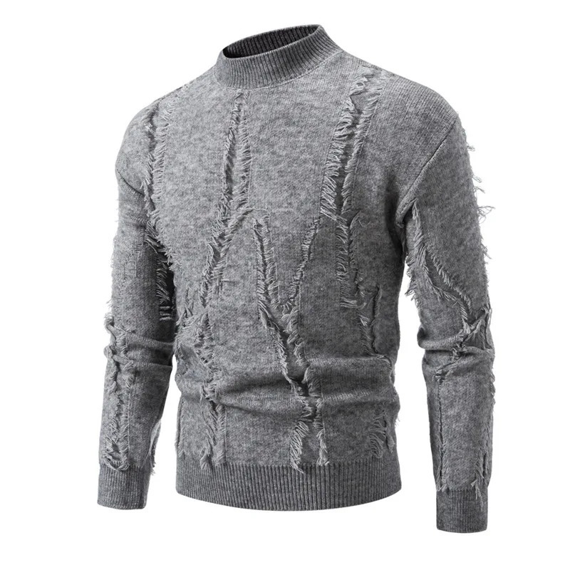 PFHQ Korean Style Mens Sweaters Mock Neck Raw Edge Solid Color Pullover Autumn Loose Male Knitting Clothing Simple 21Z6603 241018