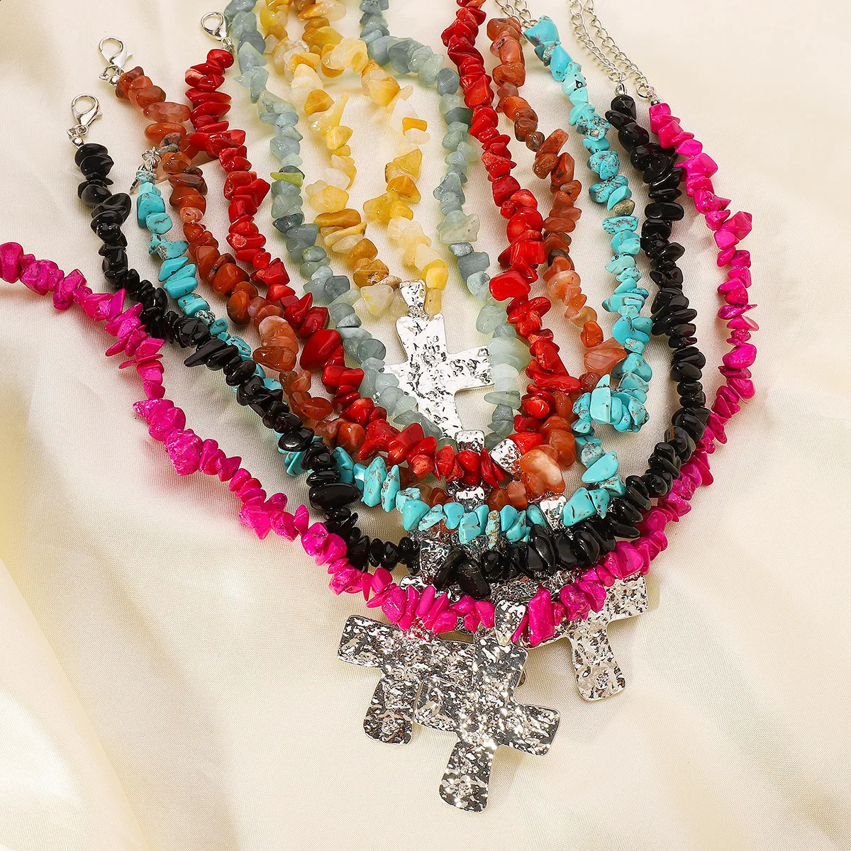 Irregular Stone Necklace from Europe and America Western Cowboy Style Natural Turquoise Cross Necklace 241018