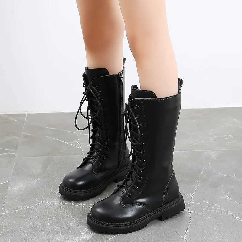 Boots Girls Long Boots Black Fashion Children Motorcycle Boots Classic Kids Rubber High Warm Princess Boots 2024 Autumn Winter New H241018