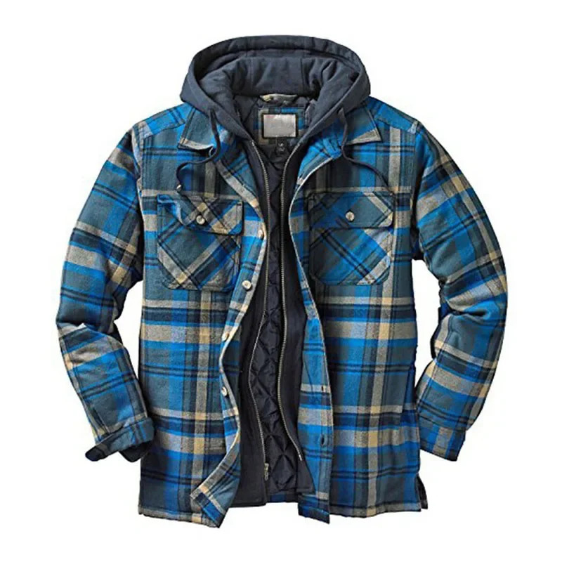 Autumn Winter Mens Plaid Hooded Jackets Harajuku Casual Padded Warm Zipper Long Sleeve Shirts Coats Male European Size S5XL 241018