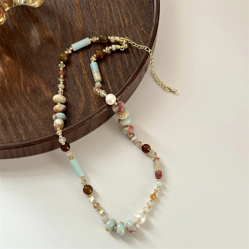 Bridal handmade irregular womens jewelry necklace party gift Bohemian colored natural stone bead necklace vintage necklace 241018