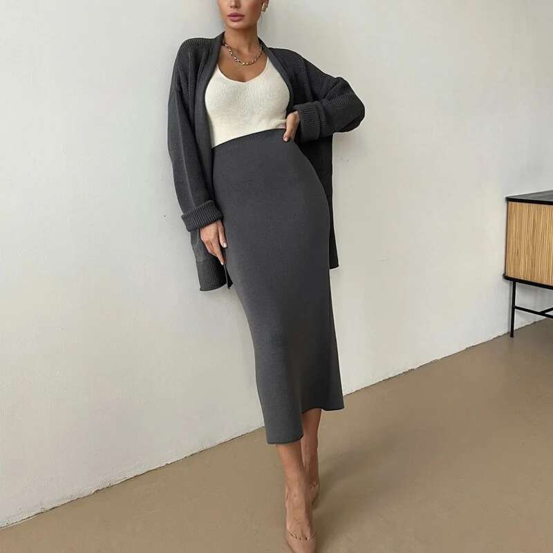 Hirsionsan Soft Vintage Lace Up Women Suits 2 Pieces Female Sets With Belt V Neck Cardigan & Midi Dress Ladies Knitted Tracuit