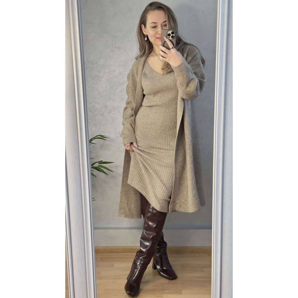 Hirsionsan Soft Elegant Women Suits 2 Pieces Female Sets V Neck Tan Midi Dresses & OL Style Knitted Long Cardigan Tracuit