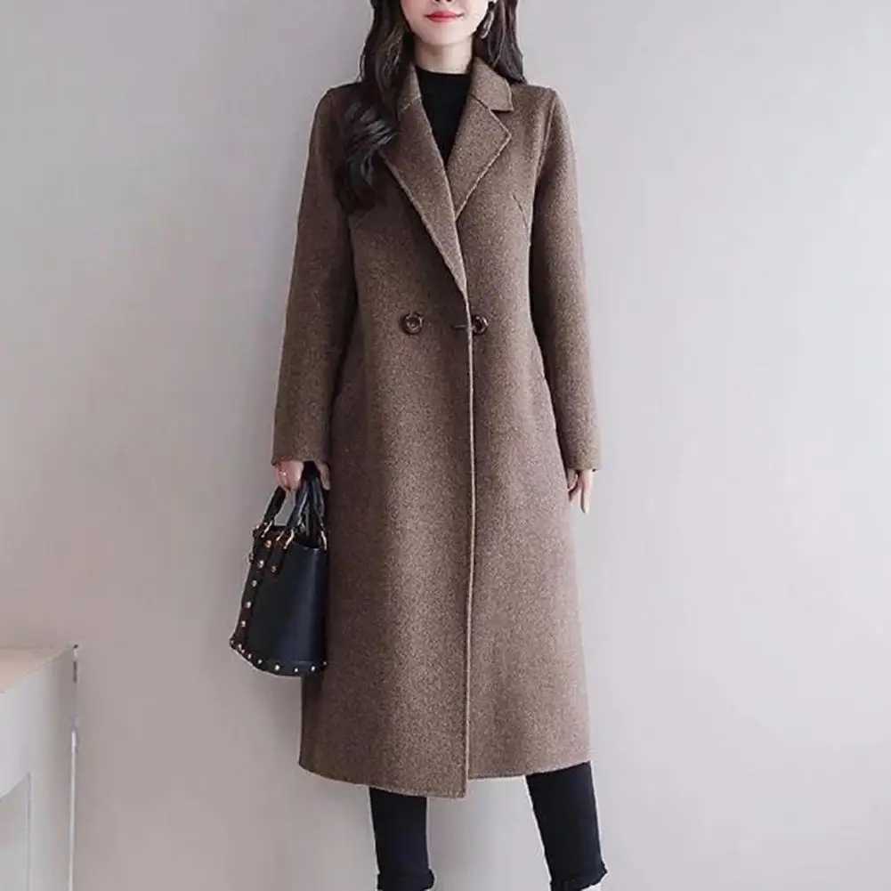 Women Woolen Coat Elegant Lapel Woolen Coat with Two Buttons Pockets for Women Stylish Mid-length Cardigan Outwear for AutumnX241009