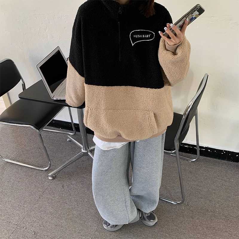 Winter Korean Casual Women Hoodie Sweatshirt Harajuku Lamb Wool Zipper Half High Collar Coat Letters Hush Baby Female PulloverX241018
