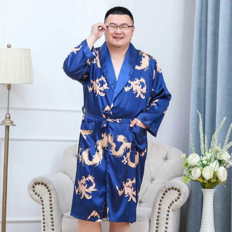 Men Silky Satin Kimono Robe 2PC 7XL Long Sleeve Shorts Set Soft Dragon Dressing Gown Bathrobe Sleeprobe Male Lounge Home WearXJ241018