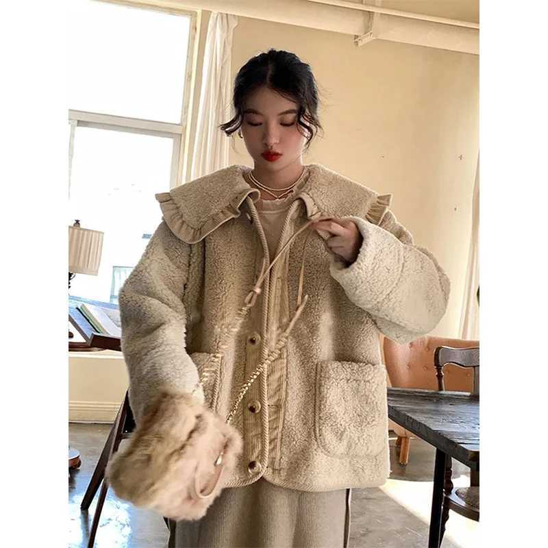 MEXZT Sweet Lamb Wool Coat Women Kawaii Peter Pan Collar Plush Jackets Korean Cute Thick Ruffled Patchwork Chic Outwear Tops NewX241018