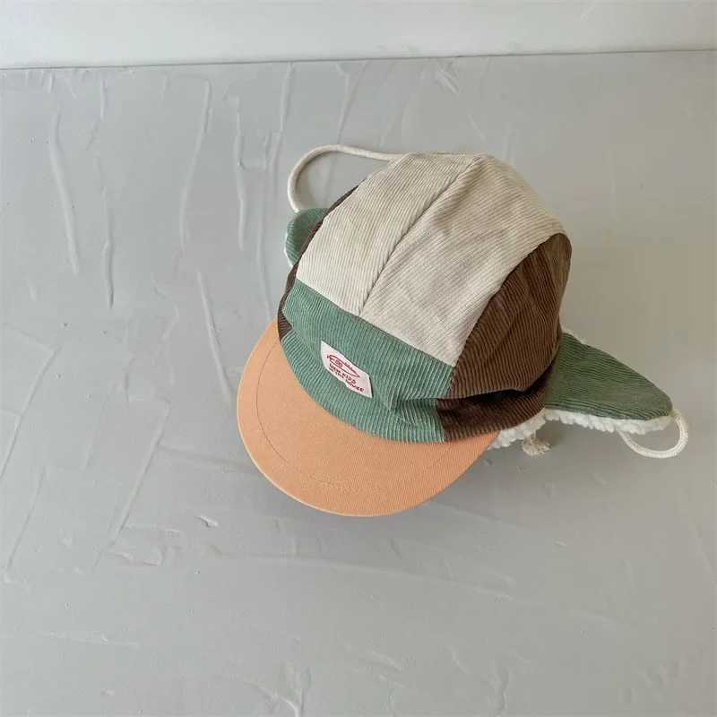 4-6Y Winter Kids Hat Corduroy Baseball Caps Fur Lining Patchwork Warm Hat 50-52CM LX241018