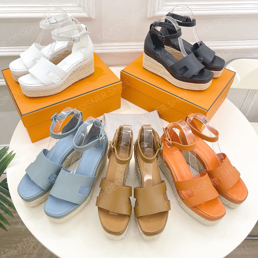 top High quality Straw Platform Wedge sandals open toe high heels Ankle strap heeled sandal for women leather Office Dress shoes luxury designer Platform heel shoes