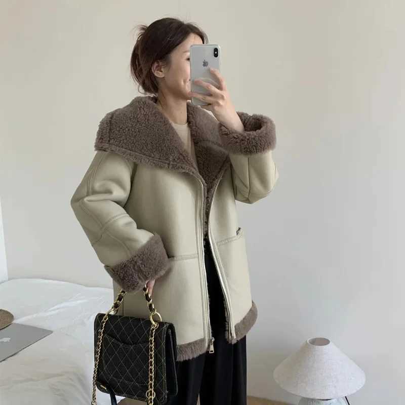 Pure Wool Motorcycle Suit Fur Integrated Coat Womens Winter New Lamb Fleece Jacket Outdoor Trekking Camp Riding Sport StormsuitX241018
