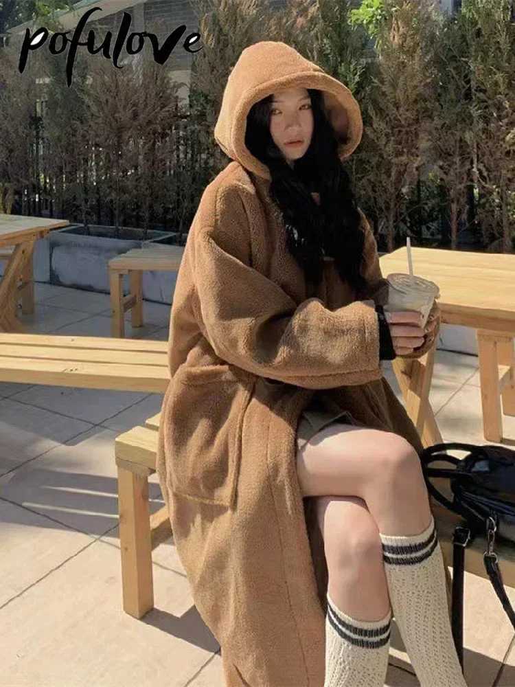 Lamb Wool Coats Woman Fleece Hoodies Jacket Cowhorn Button Loose Coat Winter Warm Female Mid Length Korean Thick OvercoatX241009