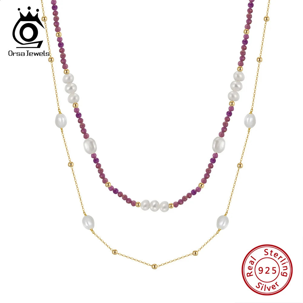ORSA JEWELS Sweet Necklace 100% 925 Silver Layer Pink Pearl Stone Girl Necklace Pearl Necklace Wholesale MPN01 241018