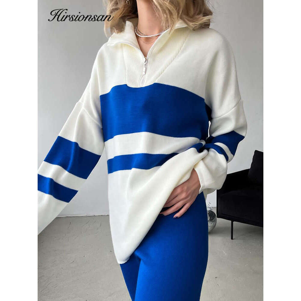 Hirsionsan 2023 Elegant Knitted Sweaters Suit Women Winter Loose Zip Collar Two Piece Sets Ladies Wide Pants Knitwear Tracuits