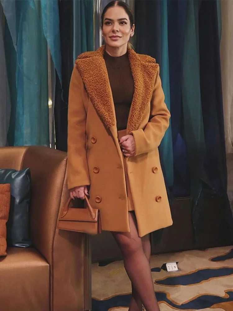 Womens Brown Lamb Wool Patchwork Midi Jacket Fashion Solid Lapel Double Breasted Warm Coat Autumn Lady Commute Office OutwearsX241018