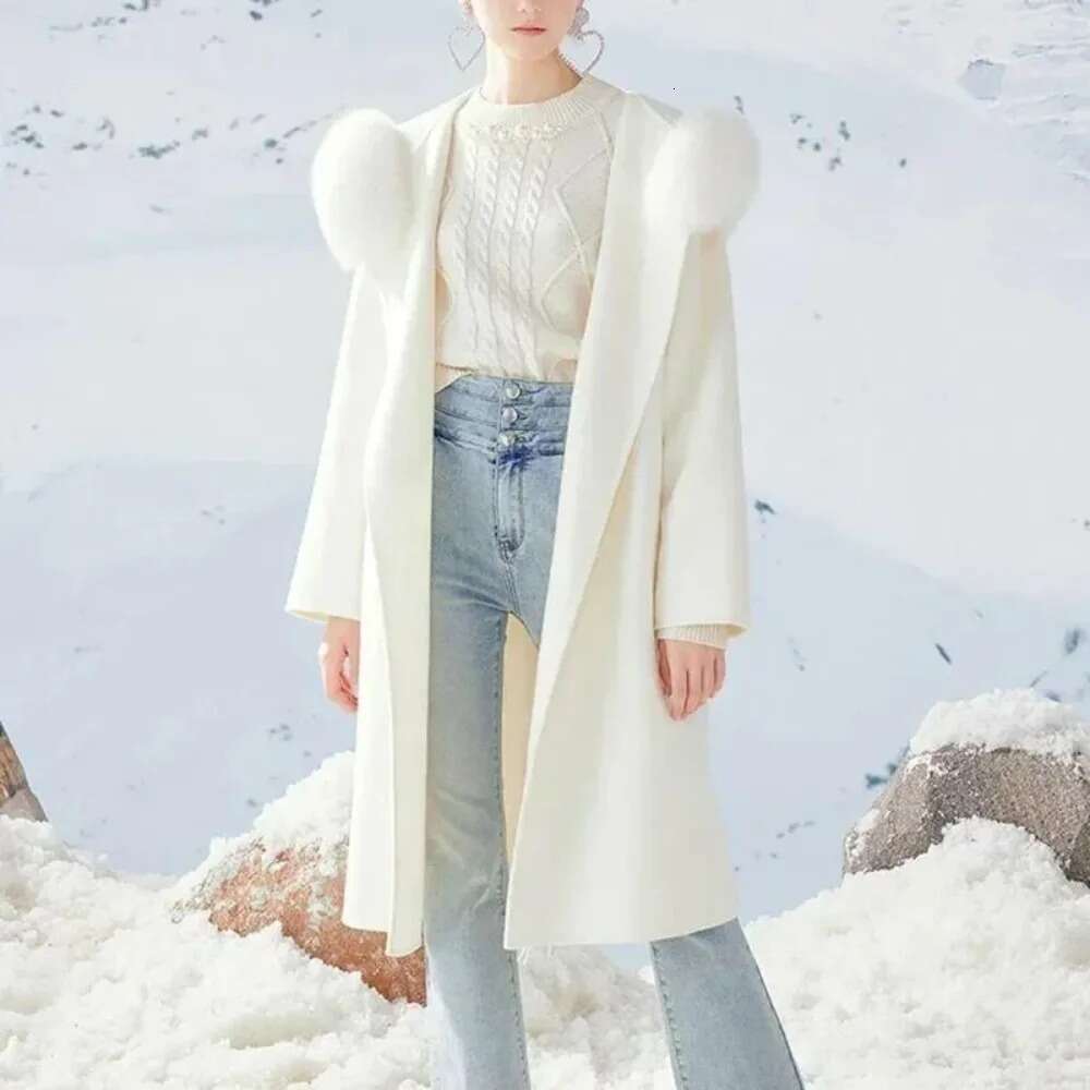Wool For Women Autumn Winter Natural Fox Collar Hooded Casual Cashmere Woolen Real Fur Coat Fur