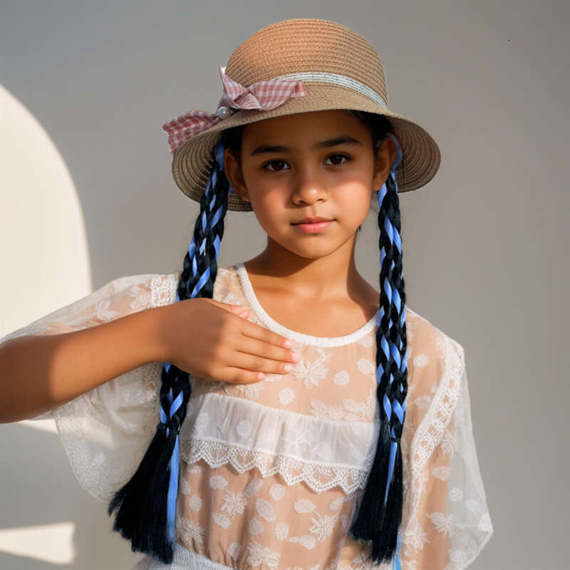 Children's Wig, Female Fisherman's Hat, Cross Dyed Fried Dough Twists Braid, Integrated Imitation Hair, Ponytail