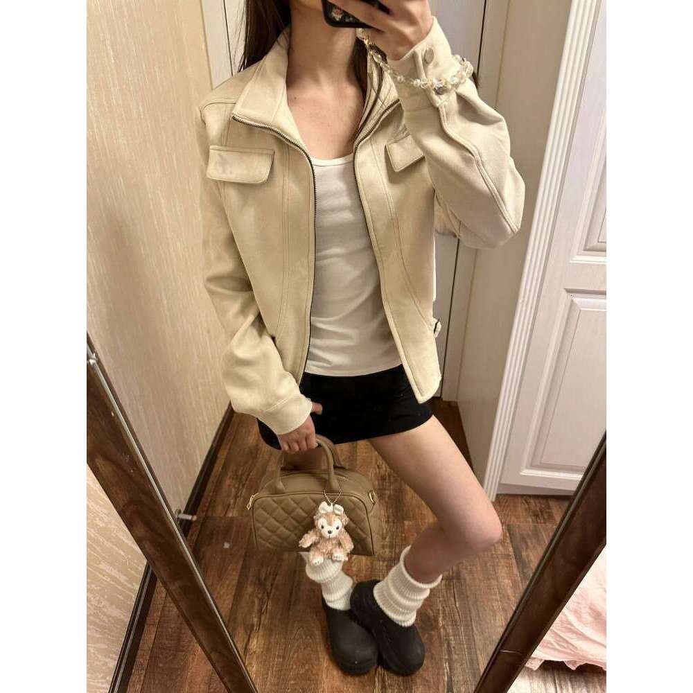 Y2k Vintage Fur Leather Coat Women 2024 Autumn New Long Sleeve Zipper Tops Mujer American Patchwork Locomotive Jackets