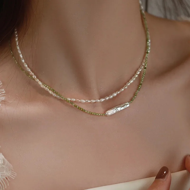 Minar Retro 2mm freshwater pearl bead necklace suitable for women pure gold copper plated green natural stone bead necklace 241018