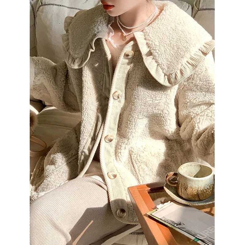MEXZT Sweet Lamb Wool Coat Women Kawaii Peter Pan Collar Plush Jackets Korean Cute Thick Ruffled Patchwork Chic Outwear Tops NewX241018